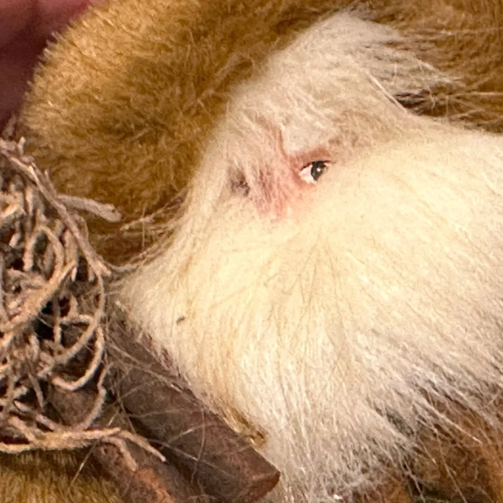 Shaggy haired and bearded Santa wears a brown cape and carries a burlap sack.